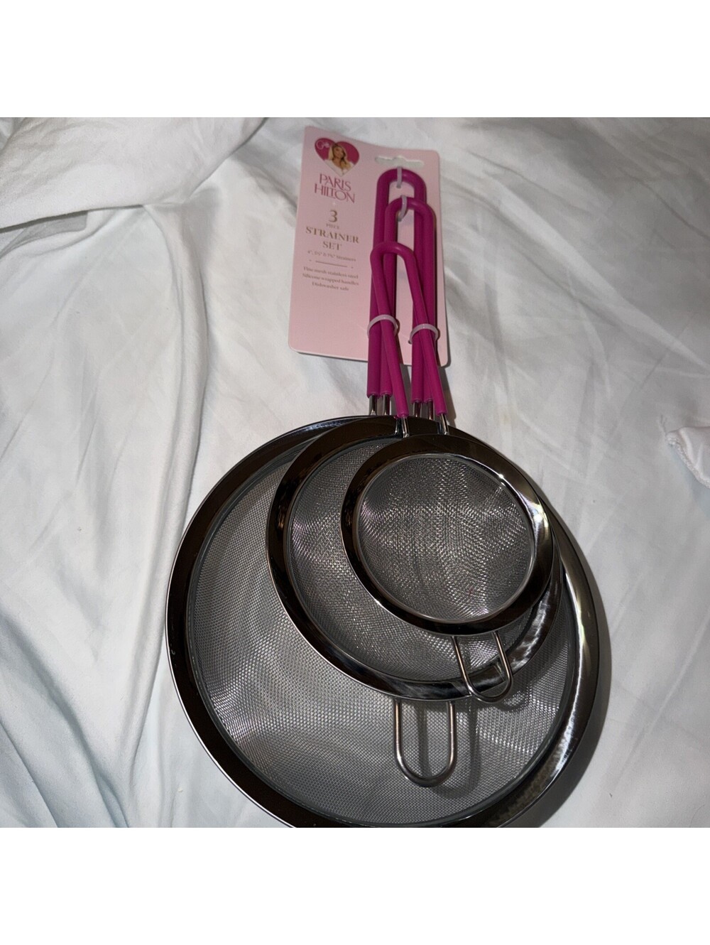 PARIS HILTON 3 Piece Stainless Steel Strainer Set With Pink Handles NWT